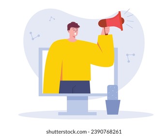 Man in yellow long shirt inside monitor carrying megaphone, modern marketing strategy using social media for communication. Character design. Vector flat illustration