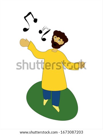 a man in a yellow long sweater with a beard sings