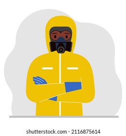 A man in a yellow radiation protective suit and a helmet with a respirator, chemical or biological safety uniform. Vector flat illustration.