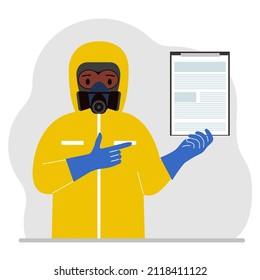 A man in a yellow radiation protective suit and a helmet with a respirator, chemical or biological safety uniform. Holds a clipboard with a document. Vector flat illustration.