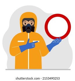 A man in a yellow radiation protective suit and a helmet with a respirator, chemical or biological safety uniform. Holds a prohibition sign. Vector flat illustration.