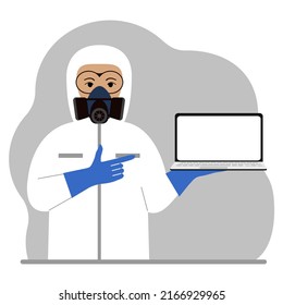 A man in a yellow radiation protective suit and a helmet with a respirator, chemical or biological safety uniform. Holds a laptop. Vector flat illustration.