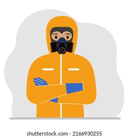 A man in a yellow radiation protective suit and a helmet with a respirator, chemical or biological safety uniform. Vector flat illustration.