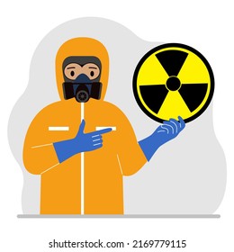 A man in a yellow radiation protective suit and a helmet with a respirator, chemical or biological safety uniform. Holds a round sign of radiation. Vector flat illustration.