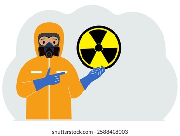 A man in a yellow radiation protective suit and a helmet with a respirator, chemical or biological safety uniform. Vector flat illustration.