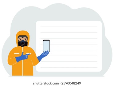 A man in a yellow radiation protective suit and a helmet with a respirator, chemical or biological safety uniform. Vector flat illustration.