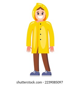 a man in a yellow raincoat on the street in autumn. flat vector illustration.