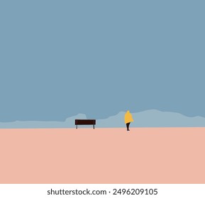 Man in yellow raincoat standing in public park with wooden bench looking at cloudscape and blue sky.  Fresh and relax in nature.