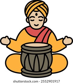 A man in a yellow robe is sitting cross legged with a drum in front of him. He is smiling and he is in a relaxed state