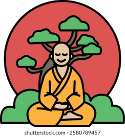 A man in a yellow robe is sitting in a lotus position with his hands on his knees. He is smiling and he is in a peaceful and relaxed state. The image has a serene and calming mood