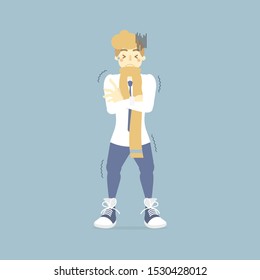 man in yellow scarf, arm crossed shaking, shiver, chills, health care concept, vector illustration cartoon flat character design