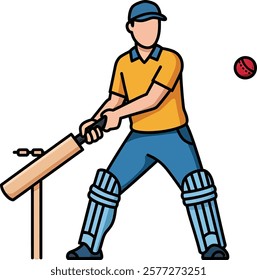 A man in a yellow shirt and blue pants hitting a ball with a bat in cricket game.