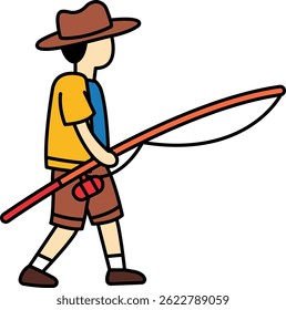 A man in a yellow shirt and brown shorts is holding a fishing pole. He is walking towards the water