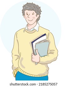 man in yellow shirt standing and hold a book and document in his hand, a manual for learning in classroom in school or in university. A man is ready for work   and meeting with a male team.