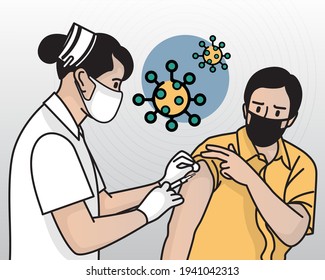 A man with yellow shirt and wear the face mask get the influenza vaccine by a nurse at the hospital