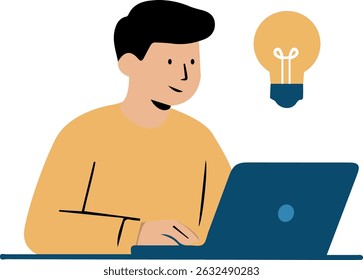 Um homem de camisa amarela trabalha em um laptop com uma lâmpada acima dele, simbolizando criatividade ou uma ideia nova. O estilo é plano e moderno.
