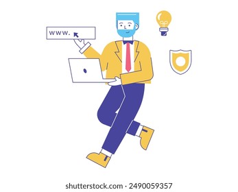 Hombre en traje amarillo presentando Sitio web de marketing, con moderno y seguro proporcionado. Ilustración plana de Vector