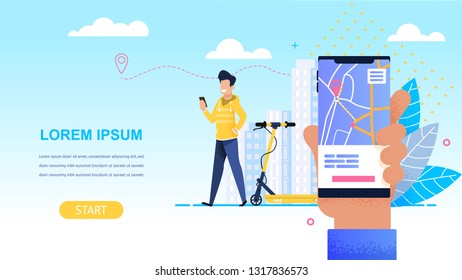 Man in Yellow Svitosh Ordering an Online Scooter. Horizontal Flat Banner. Vector Illustration on Blue Background. Foreground Hand is Holding Smartphone with Route Maps Application.