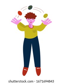 Man in a yellow sweater and blue trousers juggles Easter eggs and smiles, illustration in flat style