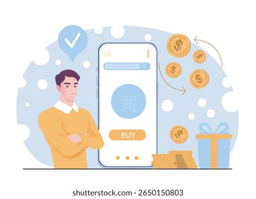Man in yellow sweater standing beside smartphone with shopping cart icon, coins, and gift on abstract blue background. Concept of mobile e-commerce. Vector illustration