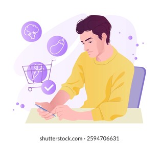 A man in a yellow sweater uses his smartphone to shop for groceries online, with floating icons of vegetables and a shopping cart around him. Digital shopping concept. Vector illustration