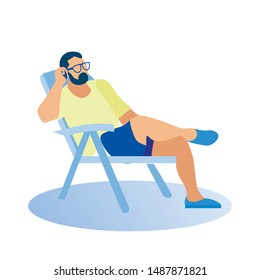 Man in Yellow T-Shirt in Beachwear on White Background. Sits on Blue Chair Talking on Phone. Coworking Center. Vector Illustration. Time Rest. Bearded Man in Glasses Cross Legs. Beach Holidays.