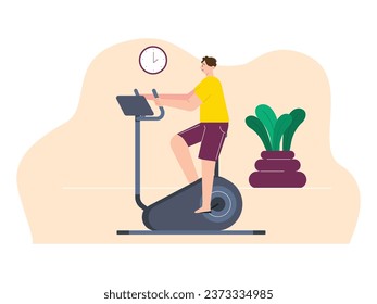 A man in a yellow t-shirt is exercising on a spin bike in the morning, home workout activity. Character design. Vector flat illustration