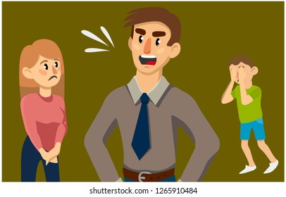 A man yells at his wife and son. Family conflict. Vector flat illustration