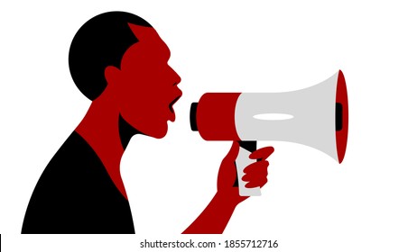 Man yells into a megaphone. Black man holds a loudspeaker device in his hand. Black Lives Matter Concept, human rights, freedom of speech.Vector illustration in flat modern style. Cut out.