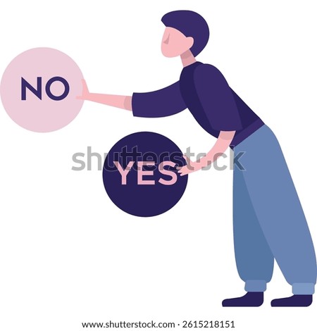Man and yes no sign vector icon. True or false answer, agree or disagree vote, wrong or right symbol businessman choice isolated on white background