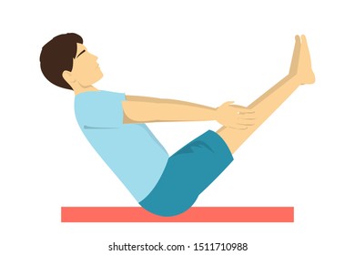 Man in the yoga boat pose. Exercise for health and relaxation. Stretching training, slim person in sport clothes. Isolated vector illustration in cartoon style