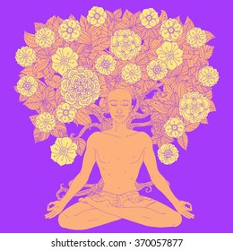 Man in Yoga lotus position for meditation. For the logo yoga studio, postcards.  In colorful mandala style at tree shape Floral ornament