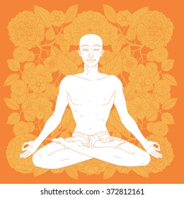 Man in Yoga lotus position for meditation. For the logo yoga studio, postcards.  In colourful mandala style at tree shape Floral ornament