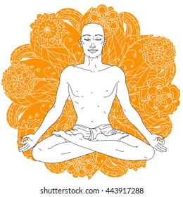 Man in Yoga lotus position for meditation. For the logo yoga studio, postcards. In colourful mandala style at orange Floral ornament