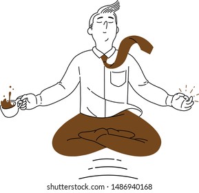 man with yoga pose holding a coffee cup, coffee break, enjoying relaxation, coffee for the mind, stress-relieving drink, soothing drink, to bring the fresh idea, inspiration, clear mind to workplace