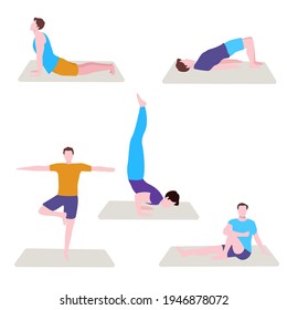 man yoga pose set collection with flat cartoon style vector design illustration