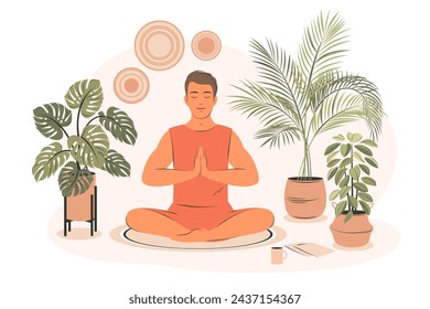 Hombre en postura de yoga haciendo meditación, práctica de mindfulness, disciplina espiritual. Ilustración vectorial.