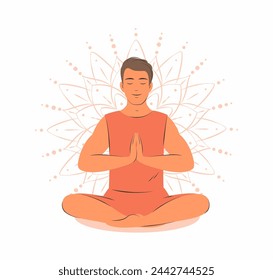 Hombre en postura de yoga haciendo meditación, práctica de mindfulness, disciplina espiritual. Concepto de deporte, alivio del estrés, salud física y mental. Ilustración vectorial.