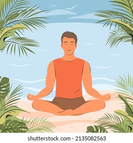 Man in yoga posture doing meditation.Young man practicing yogaOutdoors. Vector illustration.