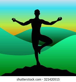 Man yoga standing on one leg at the top of mountain for meditation.