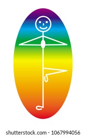 A man Yogi in the pose of a tree in the middle of a rainbow aura. Schematic cartoon figure. Colorful graphics, vector.