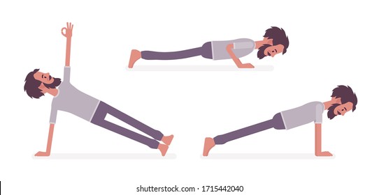 Man in yogi sport wear practicing yoga, doing Push and press ups, phalankasana, Plank exercise, Vasisthasana pose, handsome guy training, healthy habit workout. Vector flat style cartoon illustration