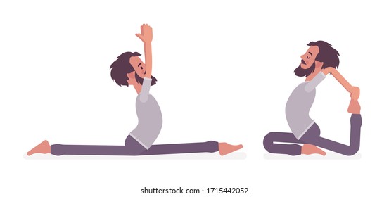Man in yogi sport wear practicing yoga, Monkey God, Splits, Hanumanasana pose and One Legged King Pigeon, Eka Pada Rajakapotasana exercise for healthy workout. Vector flat style cartoon illustration