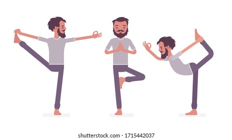 Man in yogi sports wear practicing yoga, Utthita Hasta Padangustasana, Extended Hand to Big Toe exercise, Natarajasana, Lord of Dance and Vrksasana, Tree pose. Vector flat style cartoon illustration