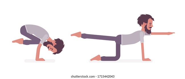 Man in yogi sports wear practicing yoga, doing Donkey, Kick, Bird dog pose and Crane, Bakasana exercise, handsome guy training for healthy habit workout. Vector flat style cartoon illustration