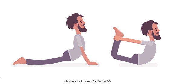 Man in yogi sports wear practicing yoga, doing Cobra, Bhujangasana pose, Dhanurasana, Bow exercise, handsome guy training healthy habit workout, practice. Vector flat style cartoon illustration