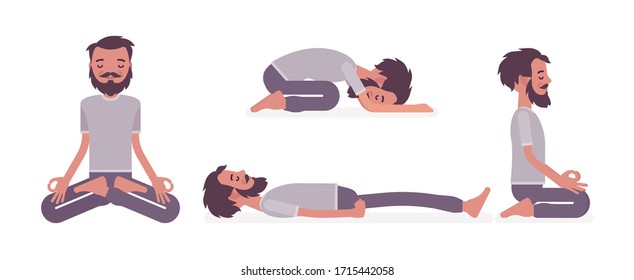 Man in yogi wear practicing yoga in restorative, seated poses, Padmasana, Lotus variation, Child, Balasana exercise, seiza vajrasana, Dead Body, Savasana. Vector flat style cartoon illustration