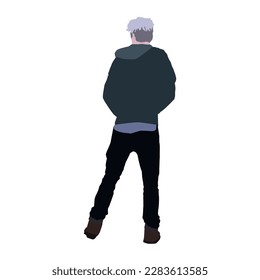 man young adult male human person flat cartoon illustration vector figure standing facing away looking into distance wearing casual hoodie shirt boots trousers grey white hair background character    