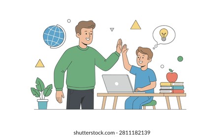 Man and young boy sharing a high five while studying together at a desk with a laptop, a globe, and an apple in a cozy learning space.