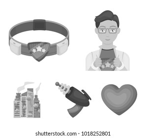Man, young, glasses, and other web icon in monochrome style. Superman, belt, gun icons in set collection.